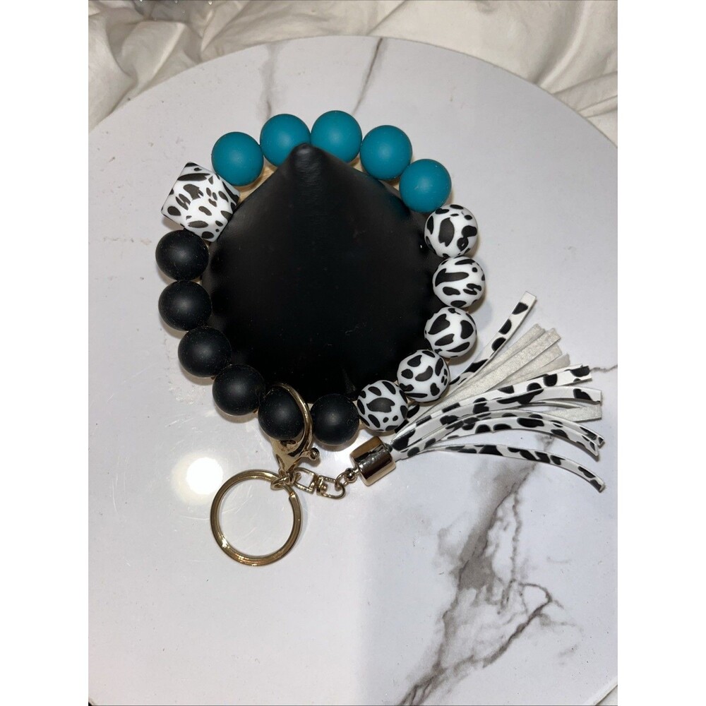 Silicone Beaded Wristlet Keychain Bracelet Tassel Key Ring Holder